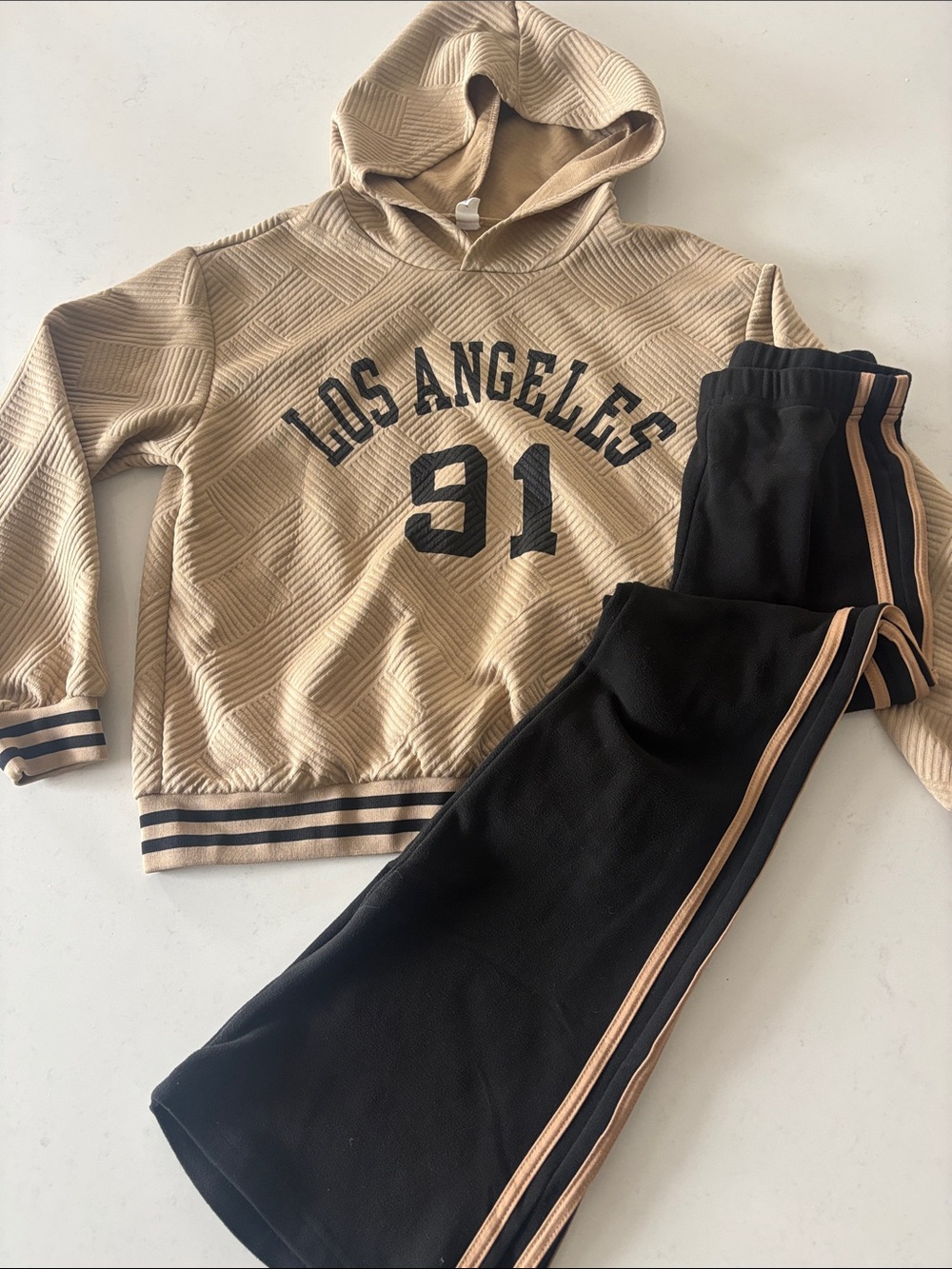Los Angeles 91 Hooded Sweatshirt & Black Track Pants Set - Beige and Black